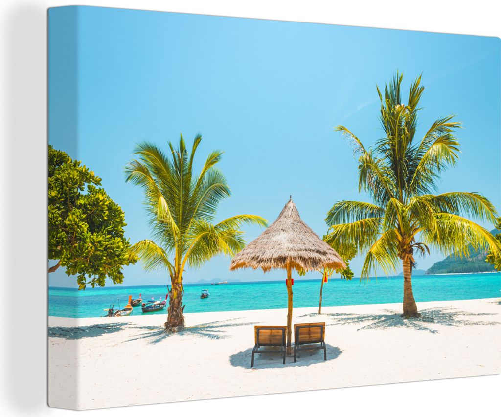 OneMillionCanvasses - Leinwandbilder - 150x100 cm, Strand - Sonnenschirm - Palme, Wandbilder Kunstdruck Wanddekoration
