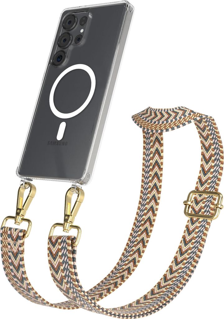 EAZY CASE - Handykette mit MagSafe Hülle für Samsung Galaxy S25 Ultra, Handyband ZigZag Style,Karabiner Gold, Umhängeband in Braun