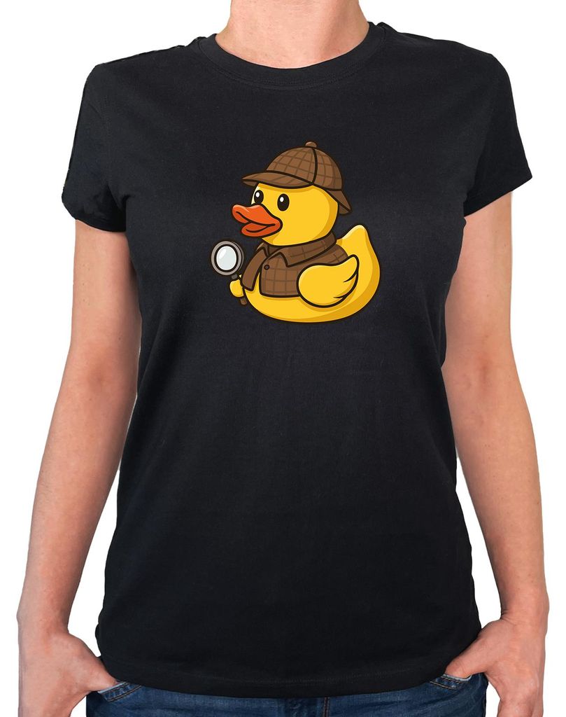Huuraa Damen T-Shirt Quietscheente Detektiv Gummiente Ermittler XS Black Bio Baumwolle Fairtrade Damenshirt Geschenkidee