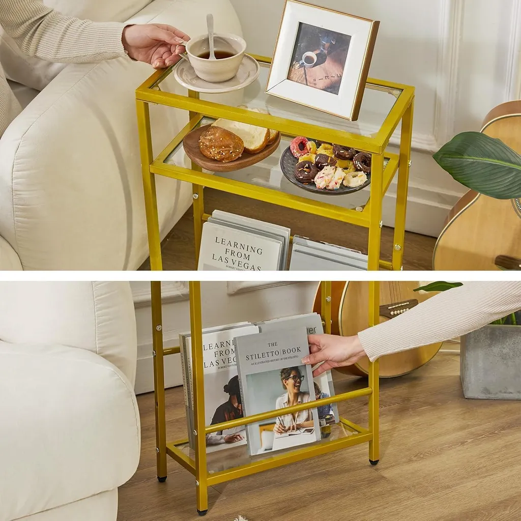 Table d'appoint en verre doré avec porte-revues 3 étages chic
