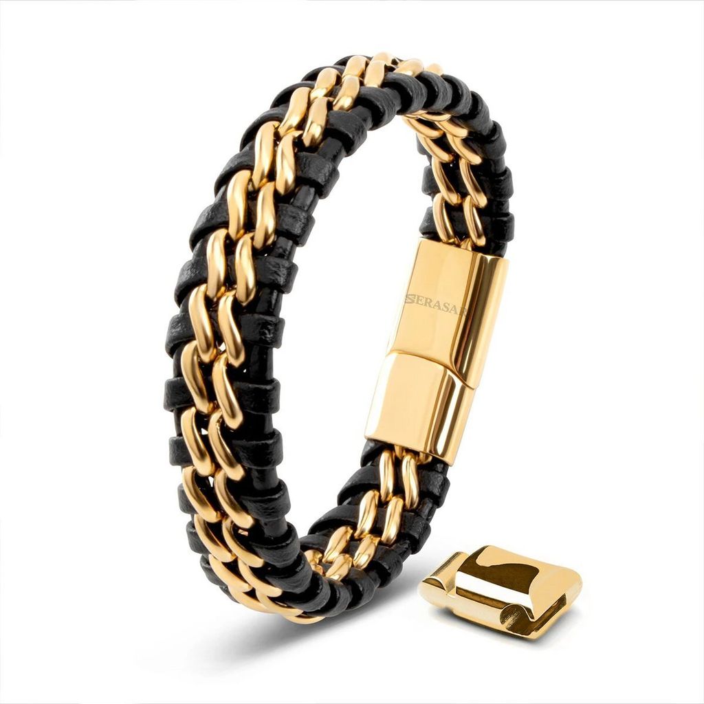 A product shot of a leather and gold chain bracelet with a magnetic clasp.