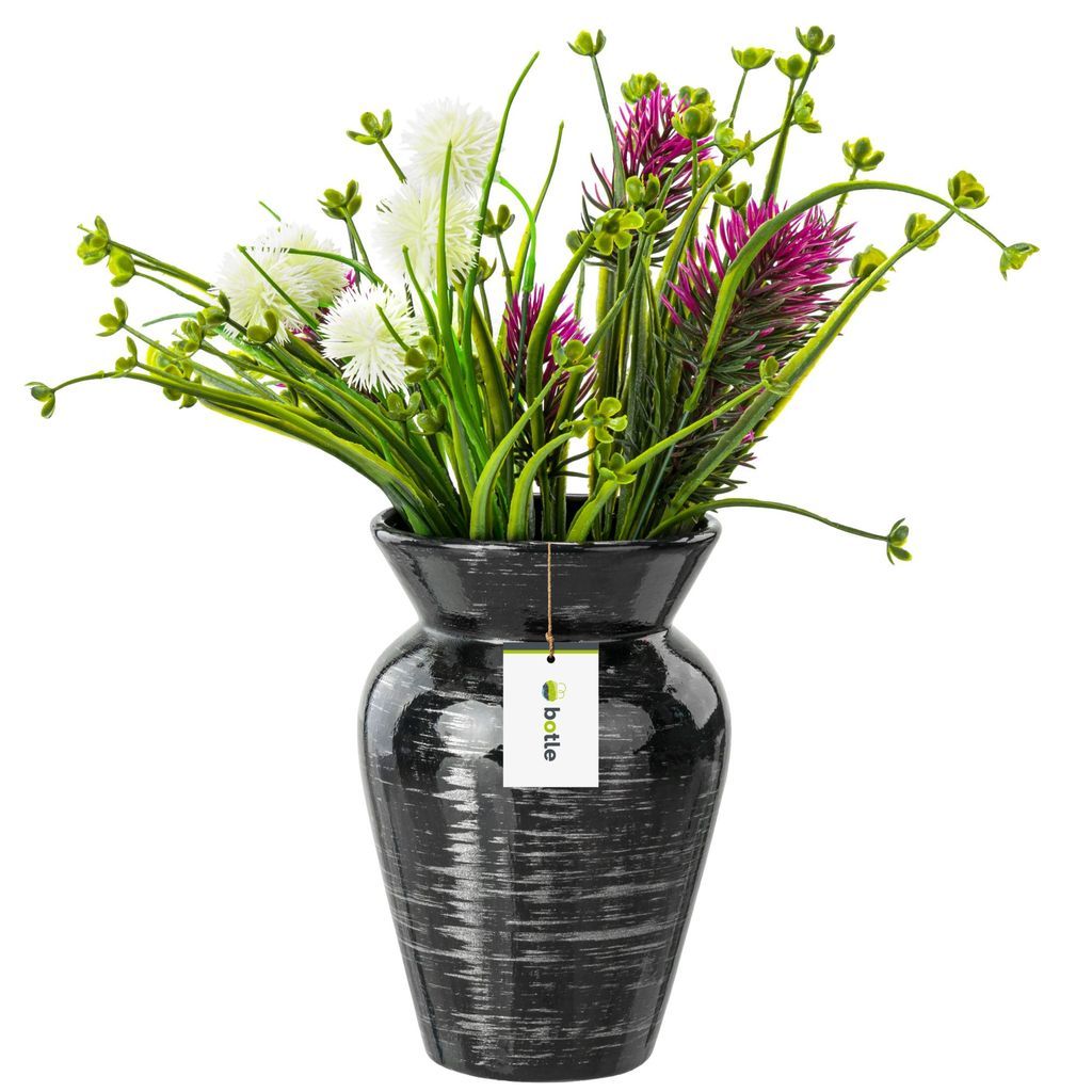 Blumenvase aus Keramik Schwarz silber Glanz H 19,5 cm D 8 cm Dekorative Tisch Vase Fässchen Blumen Deko Orchidee Modern Glamour