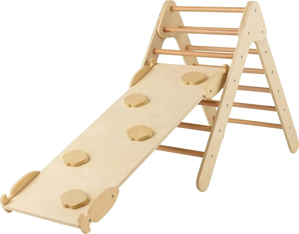 Triangolo di arrampicata COSTWAY con rampa, struttura di arrampicata in legno, triangolo a pioli per arrampicarsi e scivolare, per bambini da 1 anno (natura)