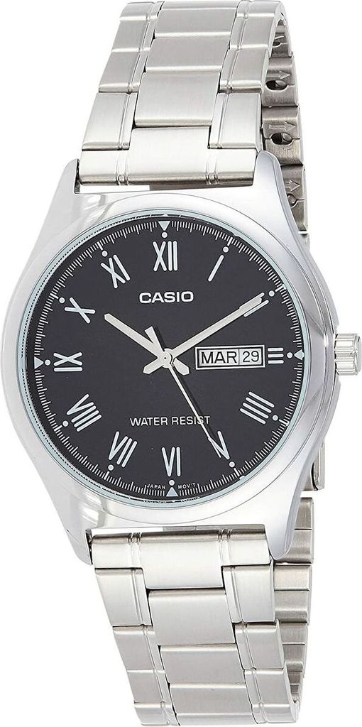 A close-up studio shot of a men's Casio watch with a black dial and silver metal band.