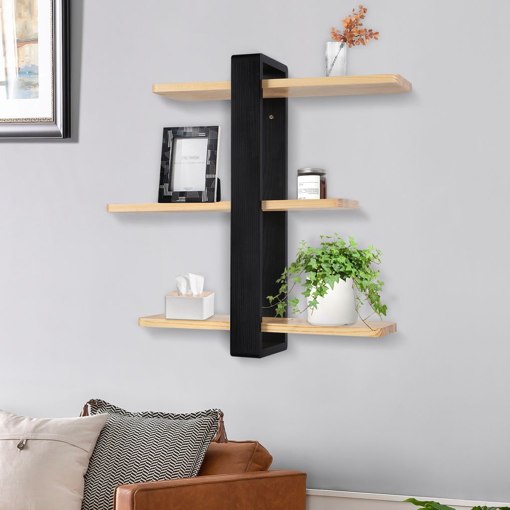 Wandregal Holz,Dekorativ Regale für Wände,Hängend Bücherregal Hängeregal Regalbrett Wall Schweberegal für Wohnzimmer, Küche 58x50x16cm Schwarz