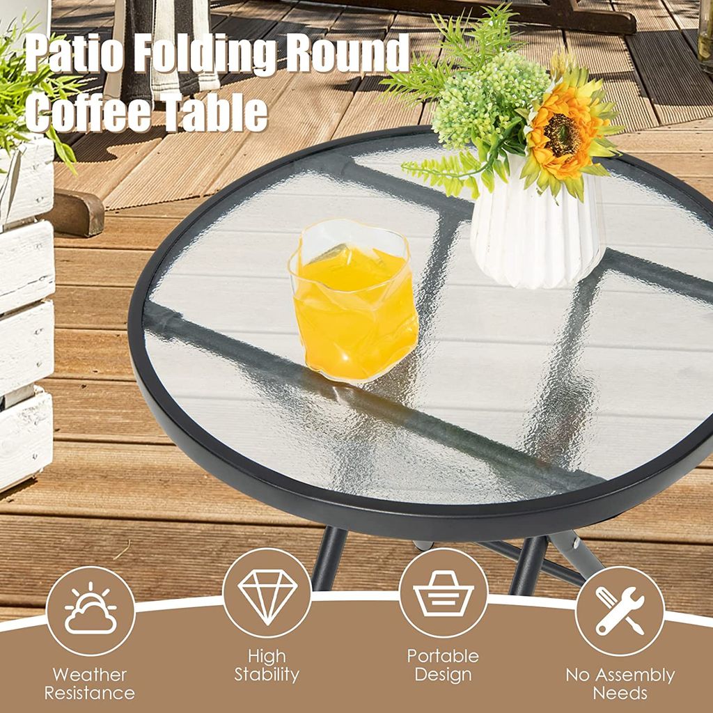 Glas-Gartentisch klappbar, Esstisch, Couchtisch, rund