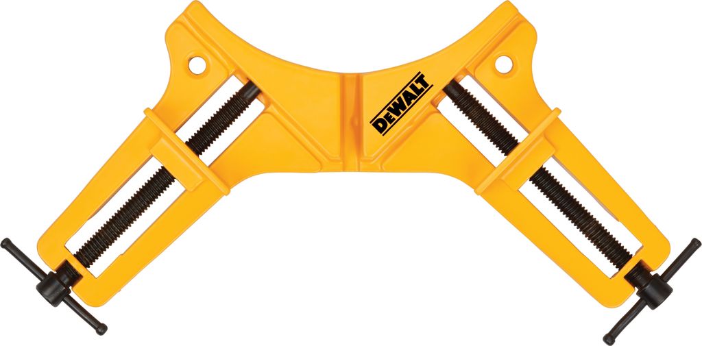 A yellow DeWALT corner clamp is shown against a white background.