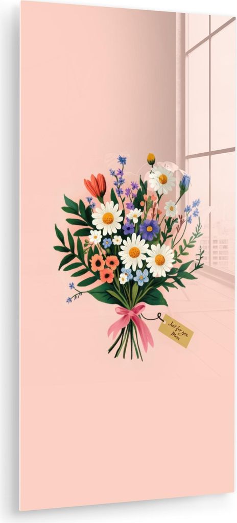 MuchoWow Glasbilder - Bilder auf Wandbild - Foto auf Glas Gänseblümchen - Blumenstrauß - Schleife - Rosa 40x80 cm Wanddekoration aus Glas - Acry...