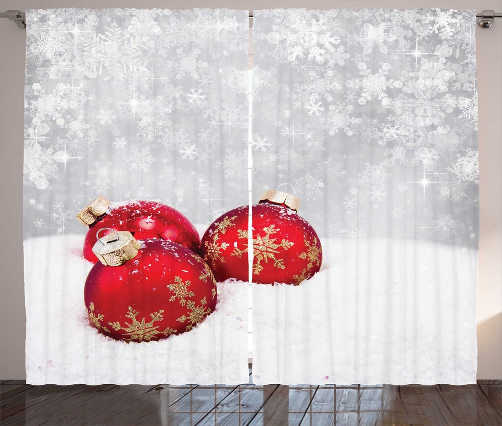 ABAKUHAUS Weihnachten Rustikaler Gardine, Kugeln auf Schneeflocke, Schlafzimmer Kräuselband Vorhang mit Schlaufen und Haken, 280 x 225 cm, Weiß Rot
