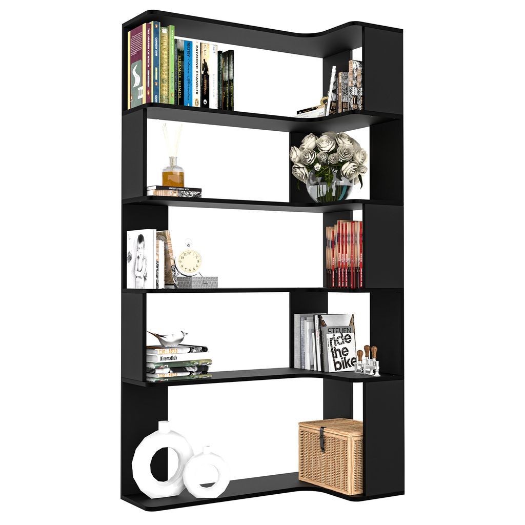 L-förm Bücherregal,Eckregal mit 5 Ebenen,Standregal Wandregal Eck-Bücherregal Holz Bücherschrank für Schlafzimmer,Büro 90x48x169cm Schwarz