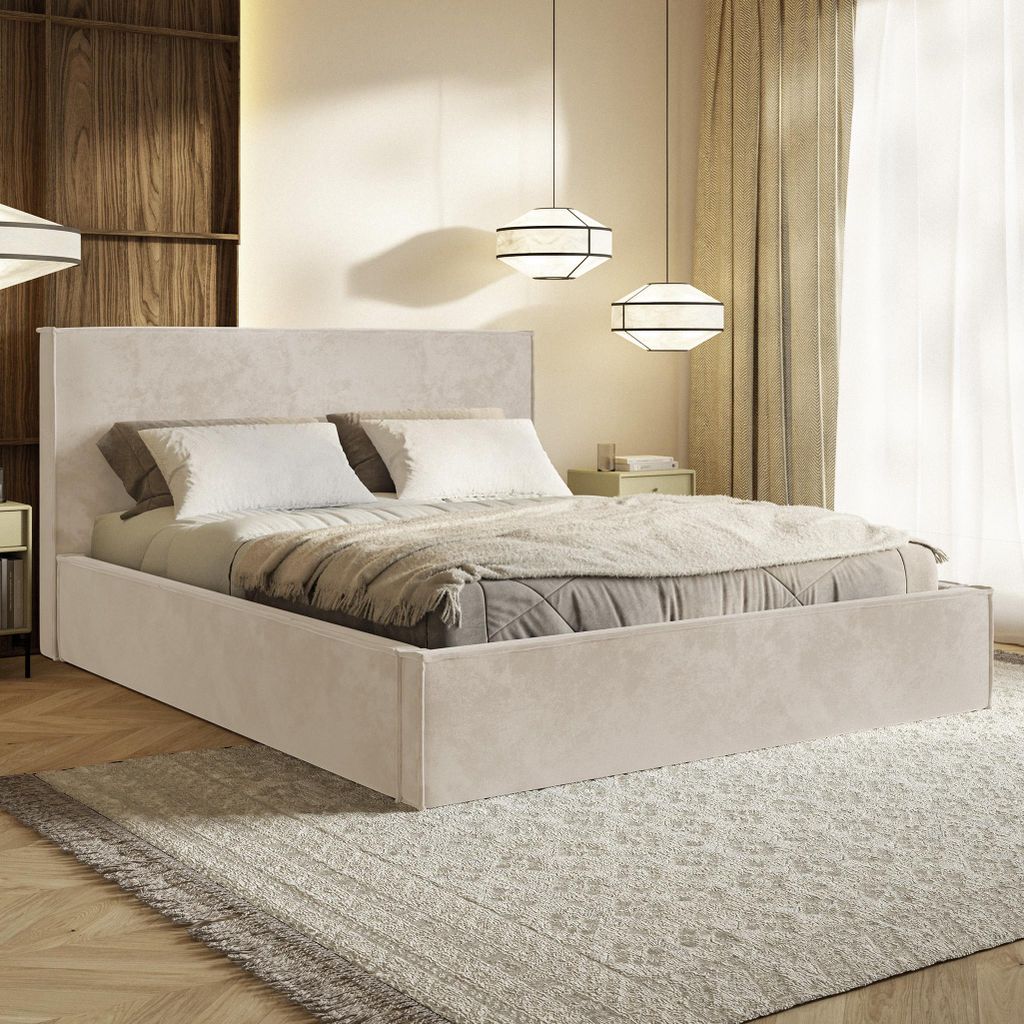 MOTIVENA Boho Polsterbett 160x200 mit Bettkasten, Metall Latttenrost, Bett 160x200 Beige Samt (Amor 04)