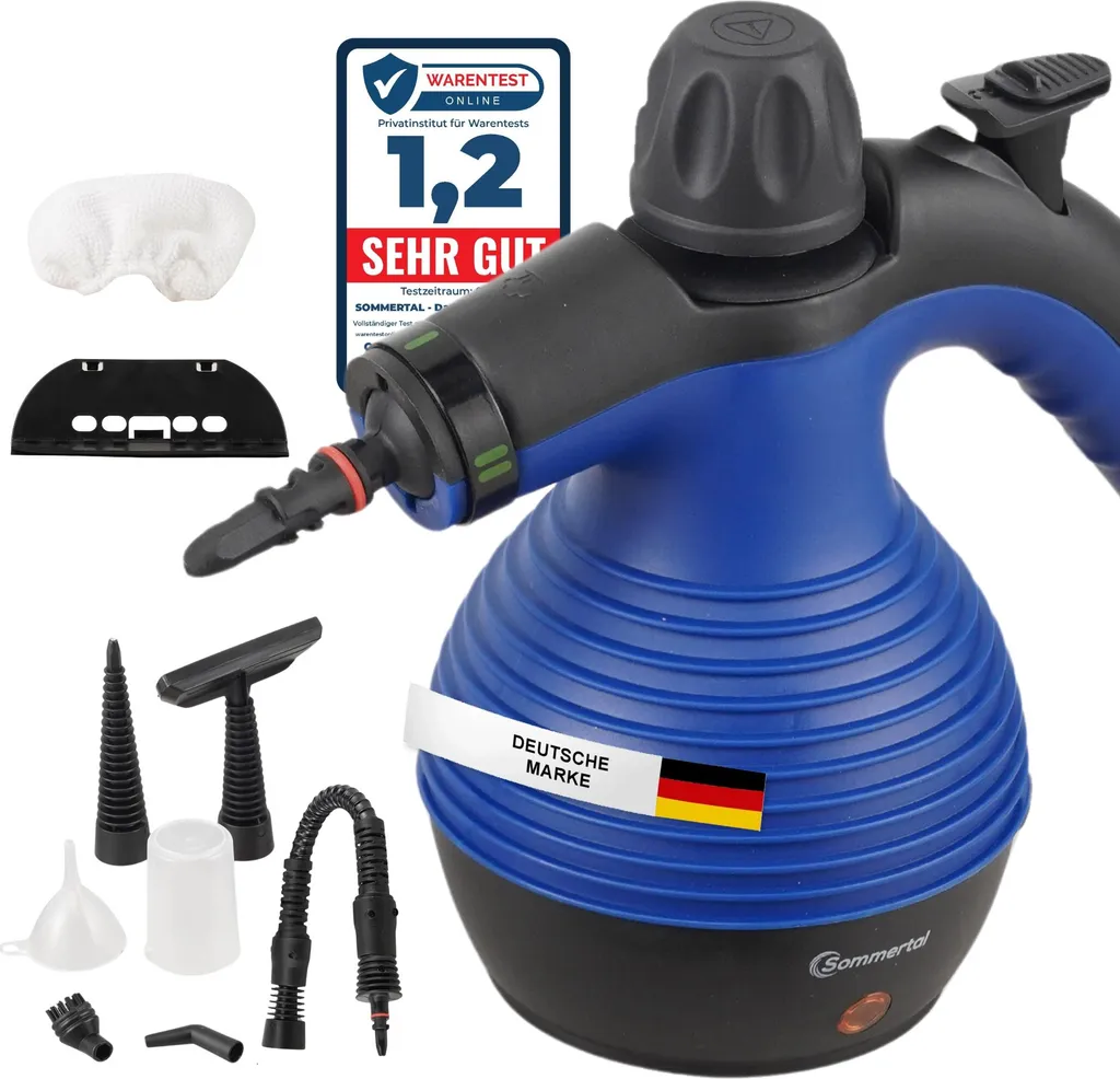 Pulitore a vapore portatile Sommertal SC350 - Pulitore a vapore portatile compatto per tutto: mobili imbottiti, piastrelle, pavimenti, ecc. - Pulitore a vapore con serbatoio da 350 ml, vapore a 110°C, pressione di 3 bar - 1