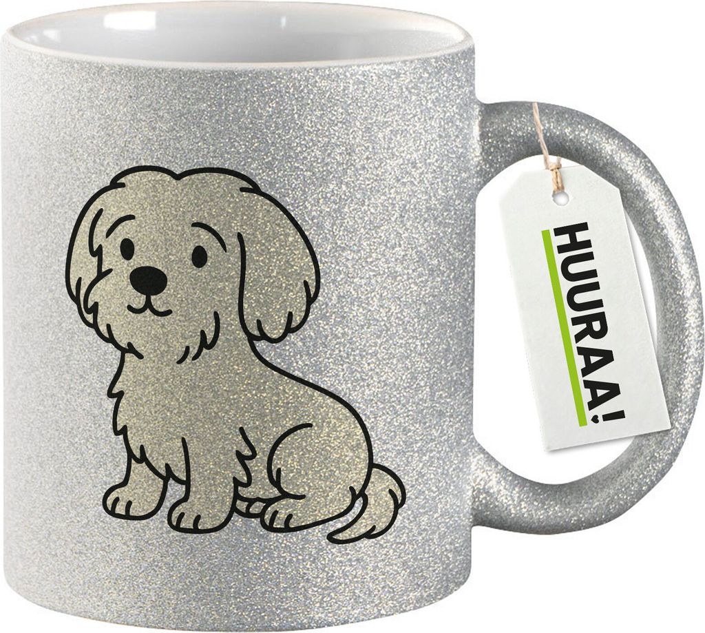 Huuraa Glitzertasse Malteser Malti Comic 330ml Silber Keramik Kaffeebecher Geschenkidee