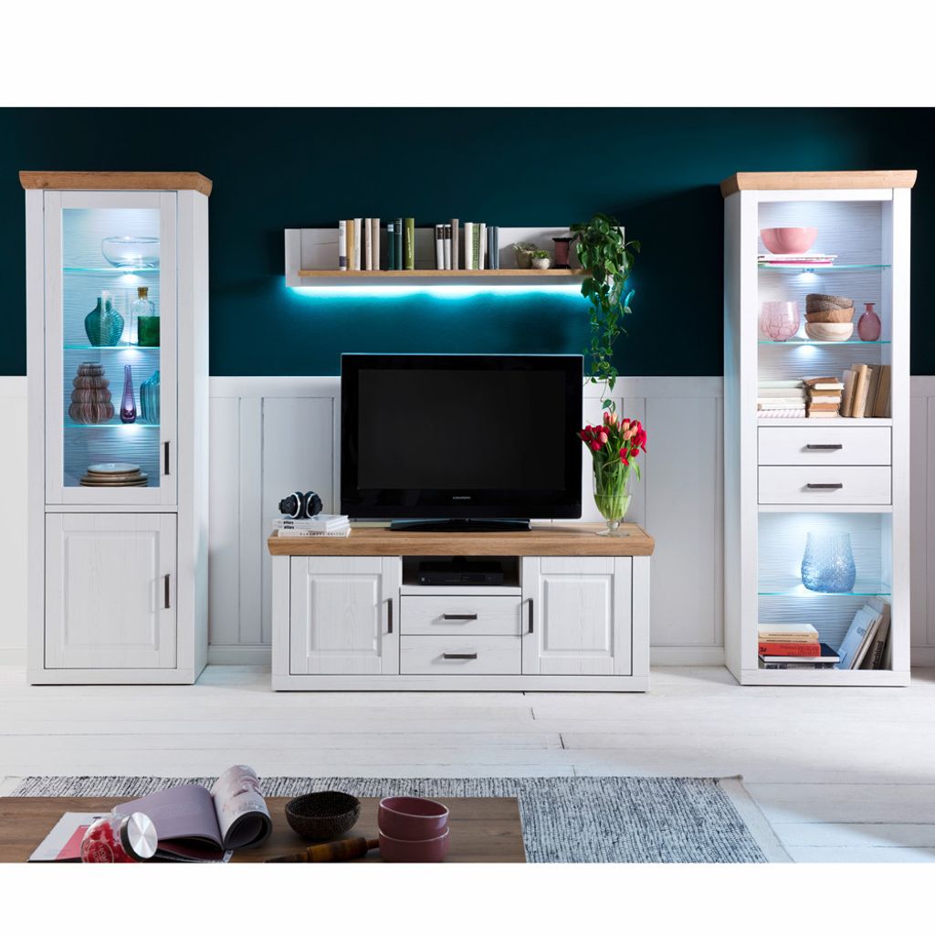 TV Wohnwand BRASILIA-05 Wohnzimmermöbel in Pinie Aurelio & Grandson Oak Nb., opt. mit LED - B/H/T: 334/210/52cm