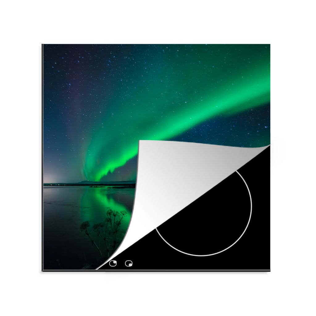 KitchenYeah Herdabdeckplatte Nordlicht - Island - Sternenhimmel - Grün - Wasser , 78x78cm, Küche Deko, Glaskeramikkochfeld Herdabdeckung, Abdec...