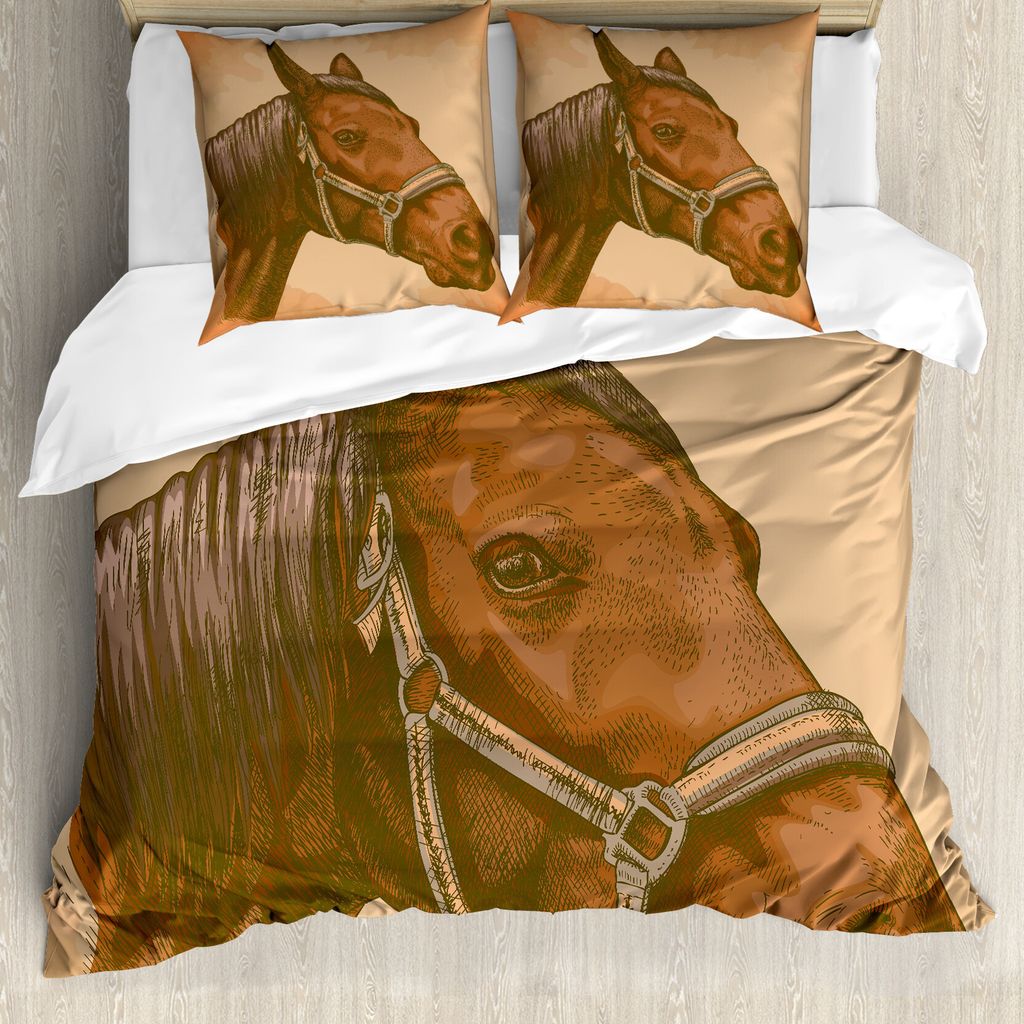 ABAKUHAUS Tier Bettbezug, Gravieren Pferdekopf, Milbensicher Allergiker geeignet mit Kissenbezügen, 200 cm x 200 cm - 80 x 80 cm, Braun und Sand B...