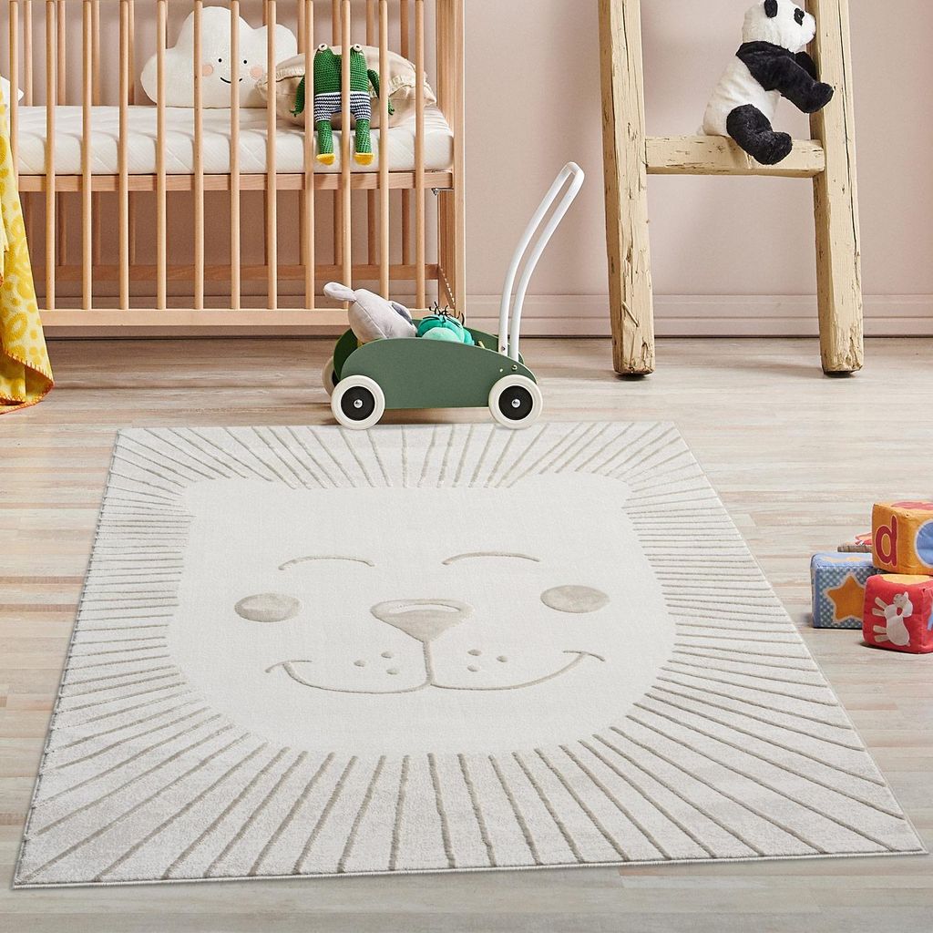Kinderteppich Creme, Beige - 160x230 cm - Tier-Motiv Löwe - Kinderzimmerteppiche
