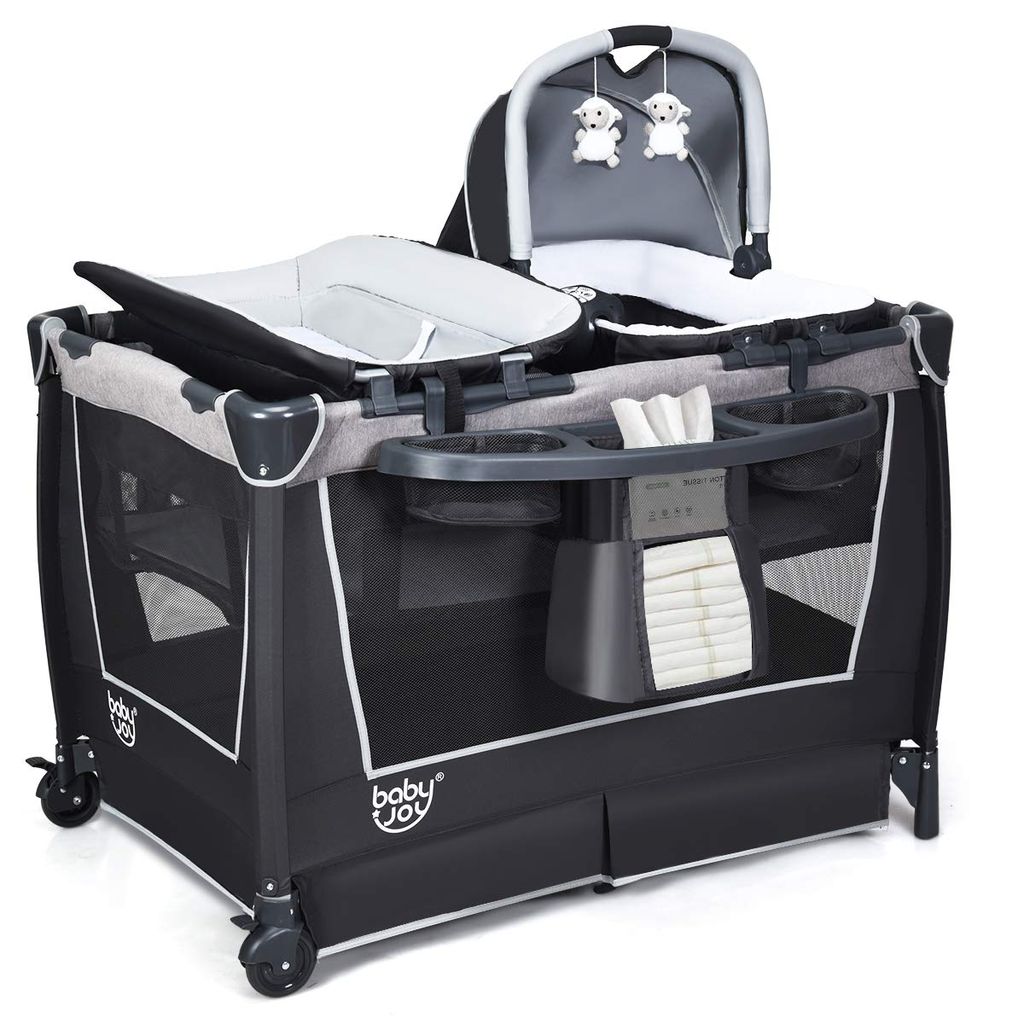 GOPLUS 4 in 1 Reisebett, Laufgitter Wiege Windeltisch, ab Geburt bis 15 kg, mit Matratze&Wickelauflage, Mobil & Faltbar, mit Anh?nger&Musik, mit Ab...