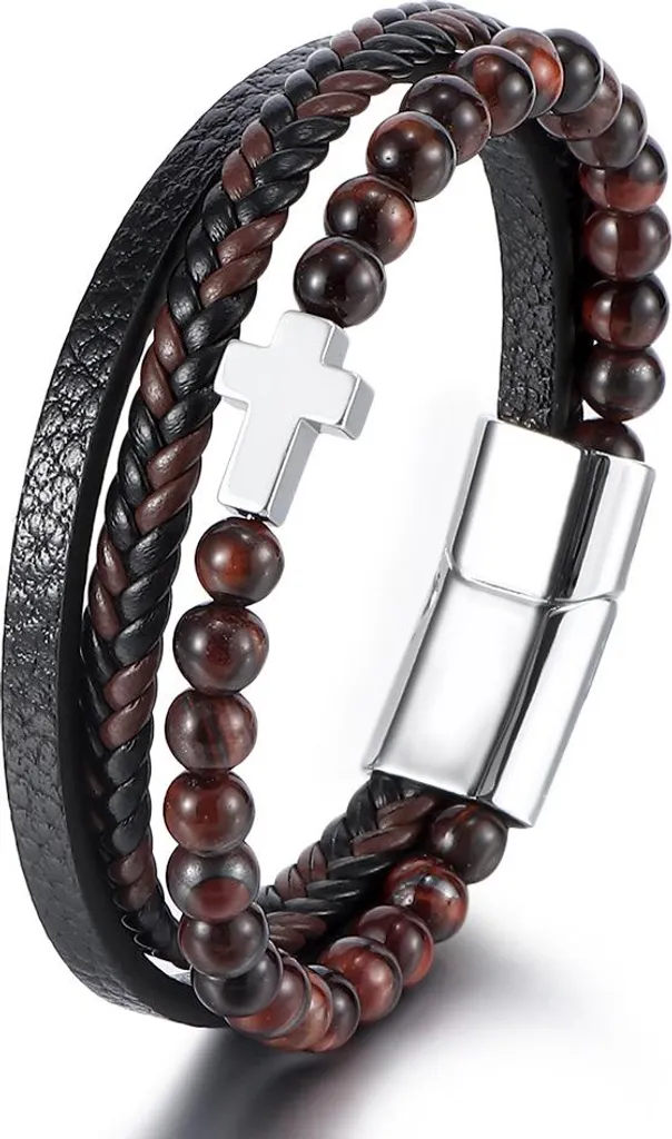 Bracelet homme en cuir véritable et œil de tigre - Longueur 21 cm