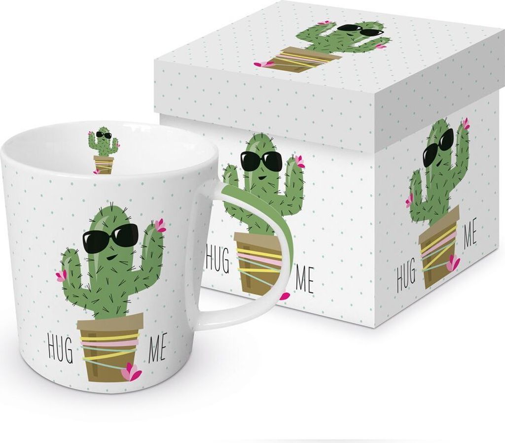 Trend Mug GB Hug Me CactusGroße, dekorierte Tasse aus Magnesiumporzellan in passender rechteckiger Geschenkdose.Die Füllmenge der Tasse beträgt 0,4