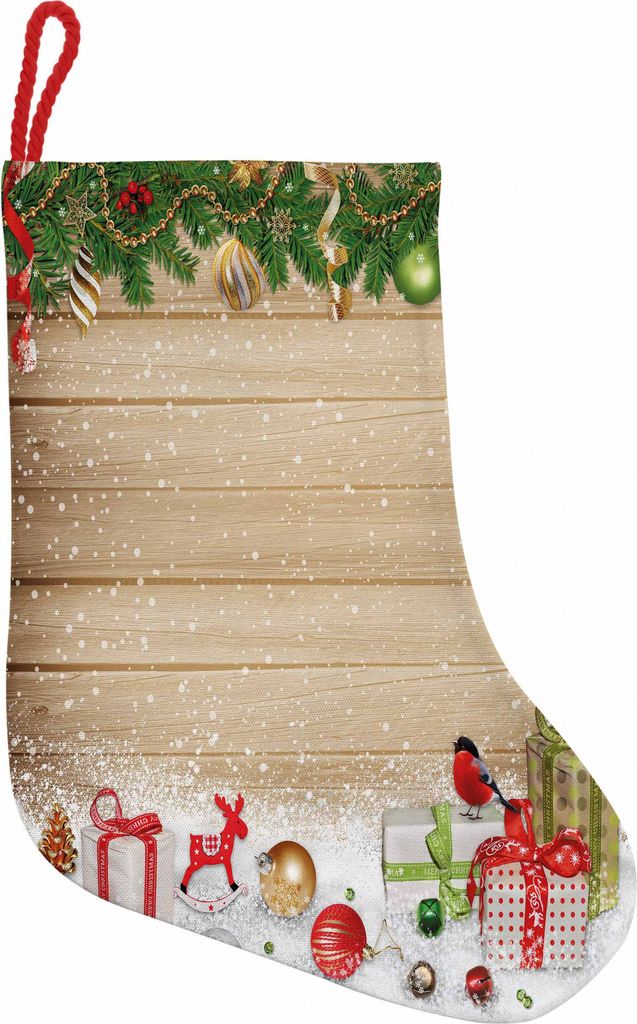 ABAKUHAUS Weihnachten Hängende Nikolausstiefel Weihnachtssocken, Kiefernholzbohlen Schnee, Weihnachtsstrumpf zum Aufhängen, 25x35cm, Mehrfarbig