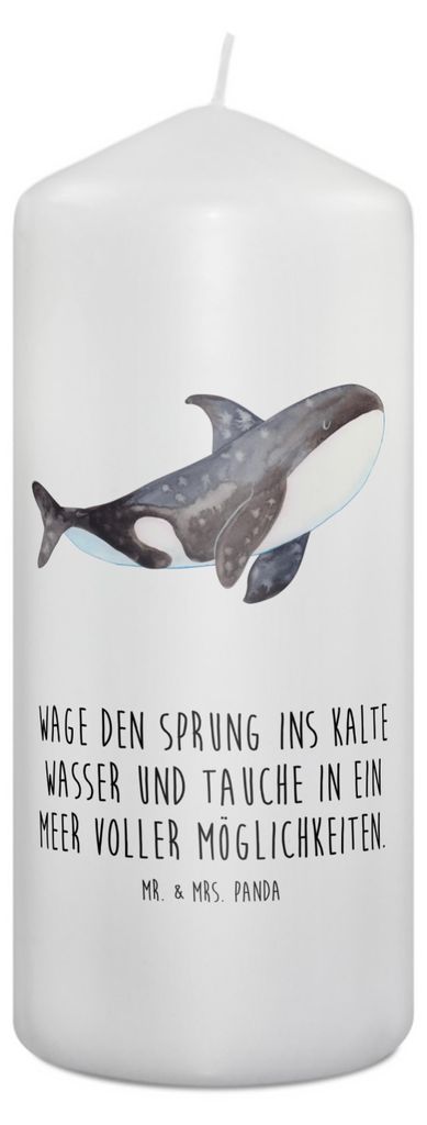 Mr. & Mrs. Panda Kerze Orca 19 x 8 cm - Weiß - Geschenk, Erinnerungslicht, Meer, Motivation, Büro, Bedruckte, Arbeit, Wachskerze, Blockkerze, Stu...