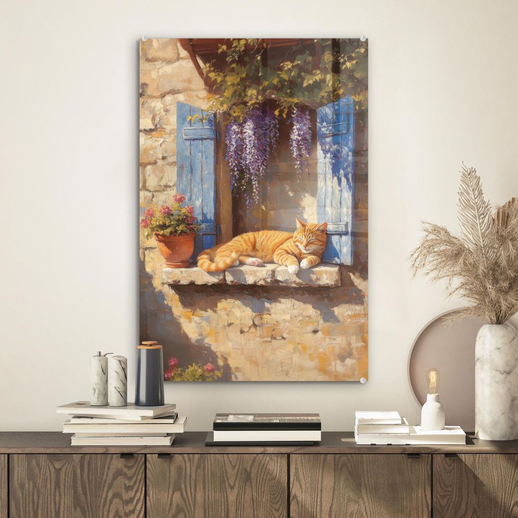 MuchoWow Glasbilder - Bilder auf Wandbild - Foto auf Glas Katze - Fensterbank aus Stein - Blumen 40x60 cm Wanddekoration aus Glas - Acrylglasbild -...