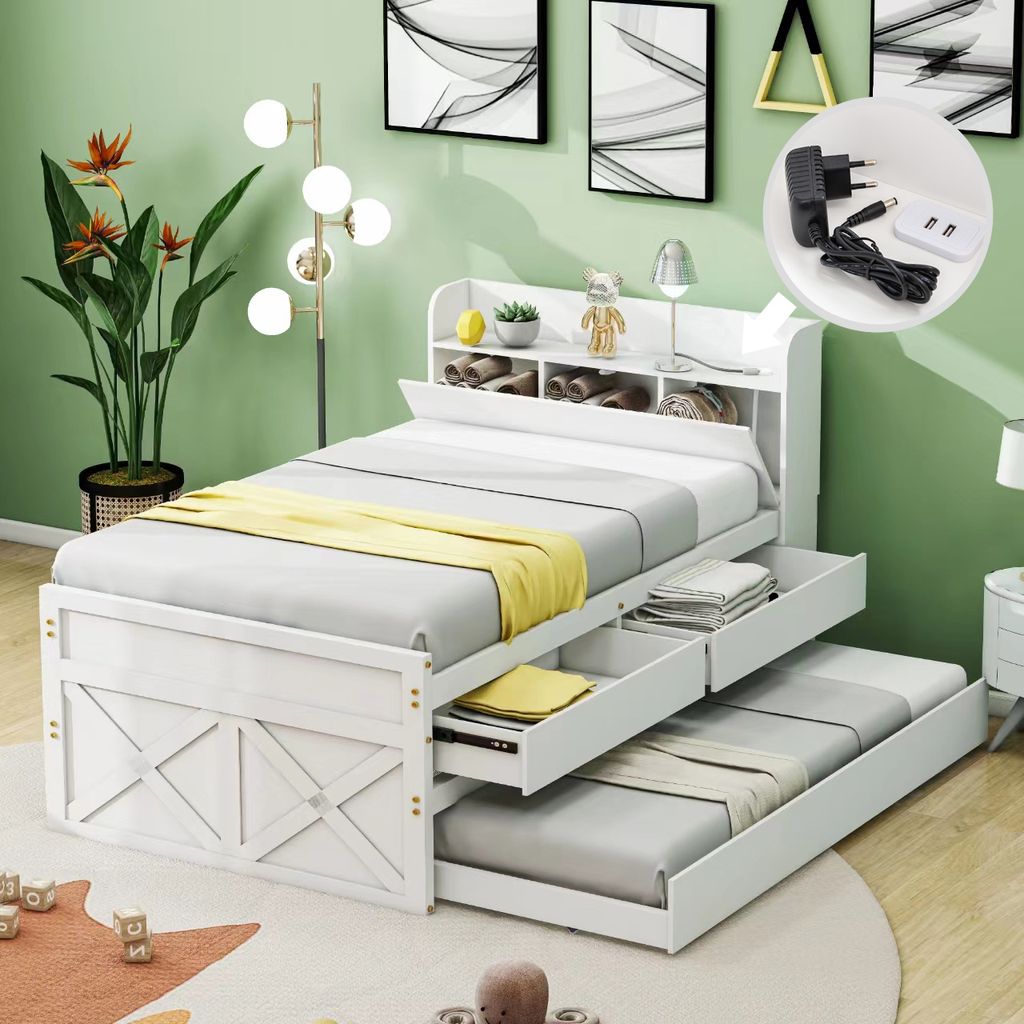 Flieks Jugendbett 90x190cm mit USB, Tagesbett Massivholzbett mit Ausziehbett, Einzelbett mit Lattenrost und 2 Schubladen, Klassisches Bett, Weiß