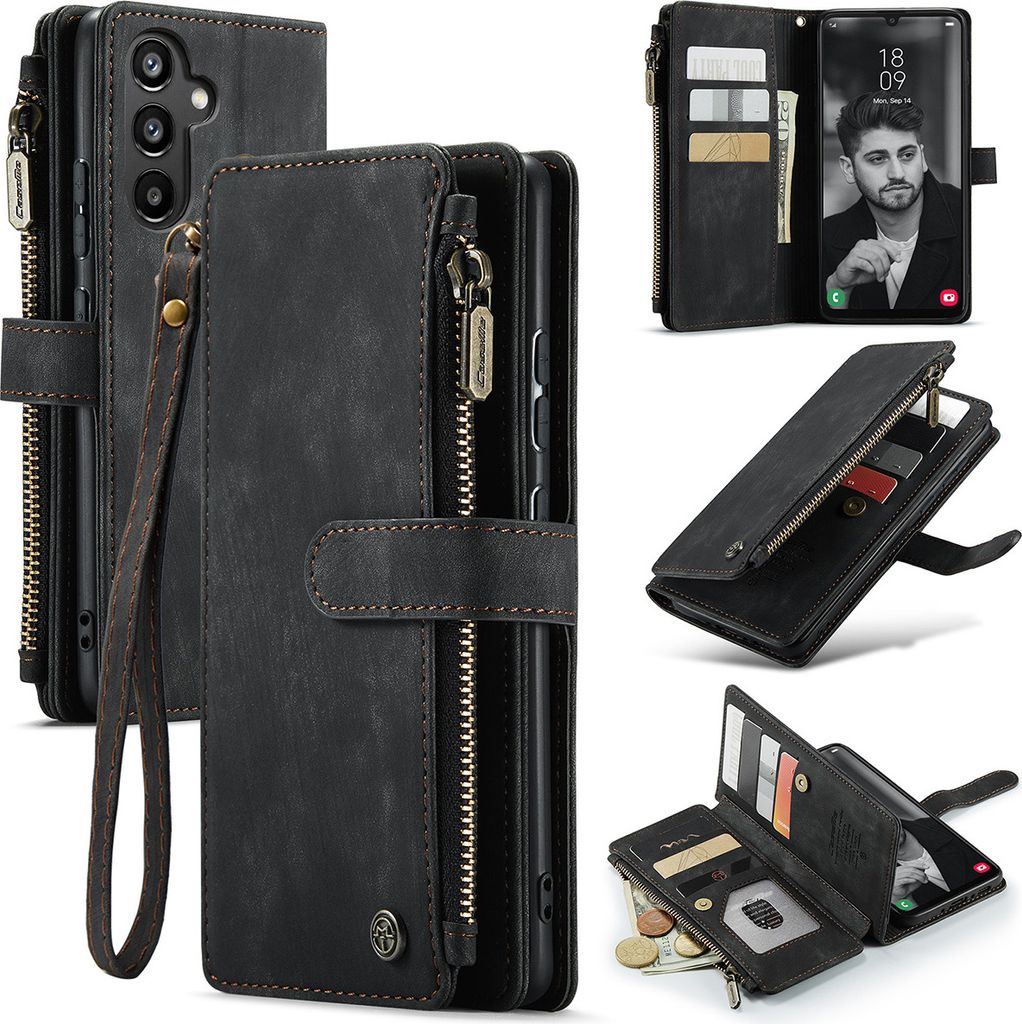 Collage of images showing a black leather wallet-style phone case for a Samsung Galaxy A34 5G, with various angles and features displayed.