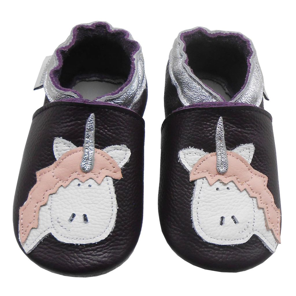 BEMESU Baby Krabbelschuhe aus Echtleder, weiche Lauflernschuhe für Mädchen&Jungen, rutschfeste Ledersohle,Violett,Einhornmotiv,Größe M (6–1...