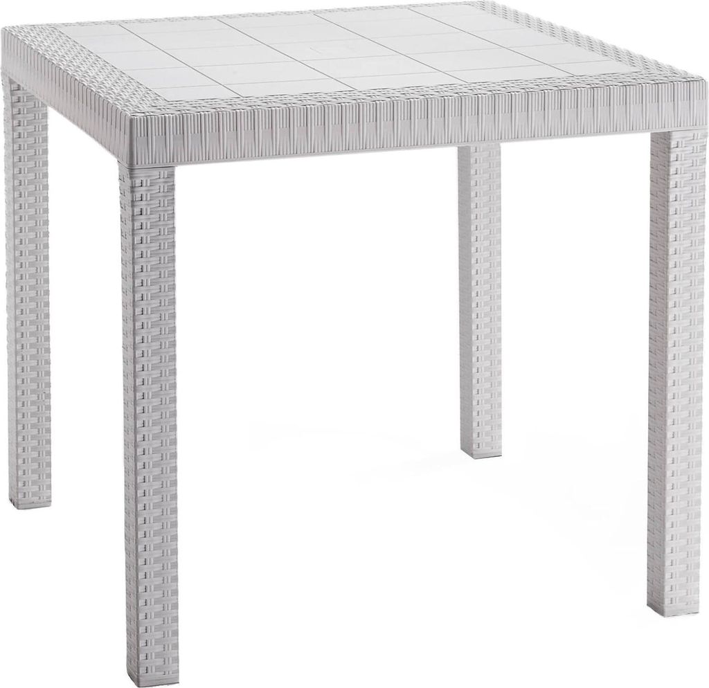 A white square table with a rattan-like texture, shown from a three-quarter angle against a white background.