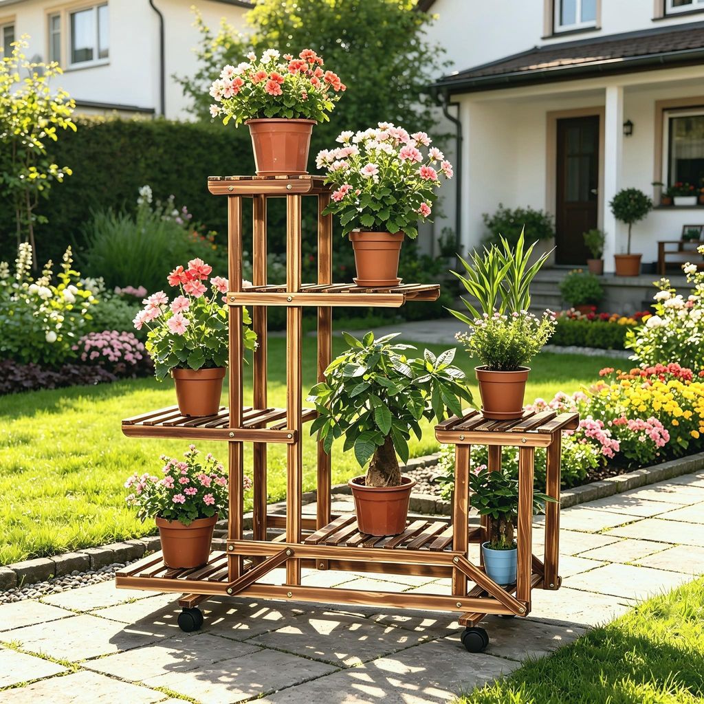 WISFOR Bloemenrek met rollen, 95x25x102 cm. Productafbeelding 