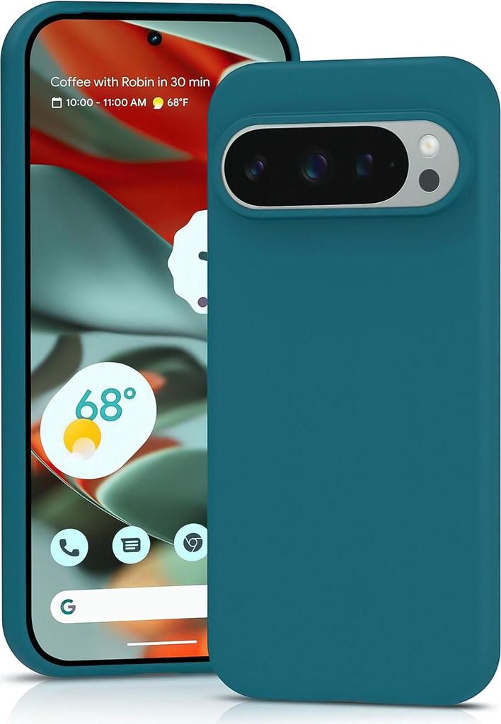 A teal phone case is shown next to a smartphone displaying a weather widget and a calendar event.