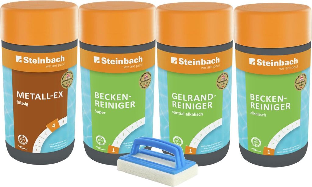 STEINBACH | Reinigungs-Starter-Set für Pools | 5-teilig | Beckenreiniger Super & alkalisch, Gelrandreiniger, Metall-EX je 1l + Handschrubber | fü...