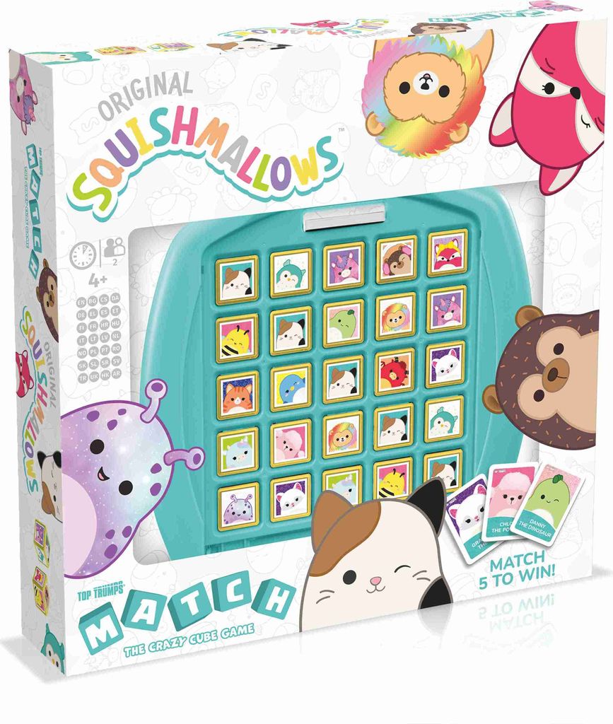 The image shows the packaging of a Squishmallows Top Trumps Match board game.