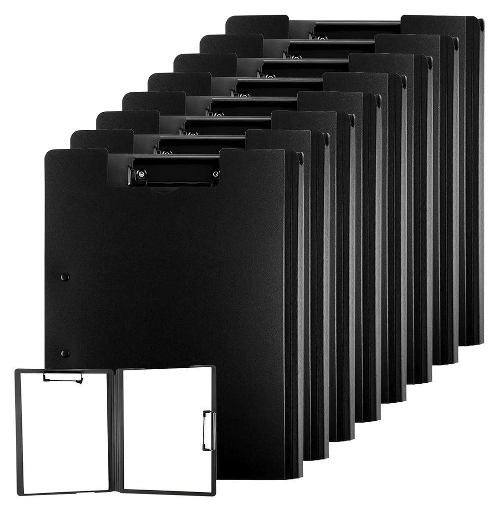 8 Stück Klemmbrett A4 - Klemmbretter mit Doppelclip - Kunststoff Clipboard A4 - Schwarz Faltbare Klemmbrettmappe mit Deckel für Schule, Büro, Re...