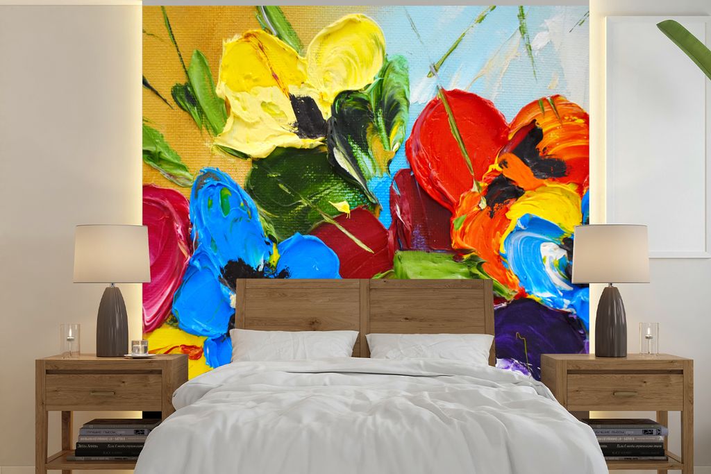 MuchoWow Fototapete für Wohnzimmer oder Schlafzimmer Wandtapete Vinyl Motivtapete Ölfarbe - Malerei - Blumen - 300x300 cm - Wanddekoration
