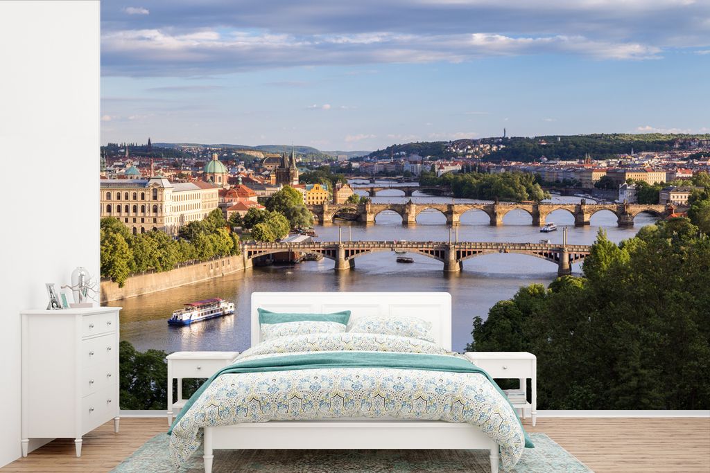 MuchoWow Fototapete für Wohnzimmer oder Schlafzimmer Wandtapete Vinyl Motivtapete Prag - Brücken - Fluss - 525x350 cm - Das Hintergrundbild