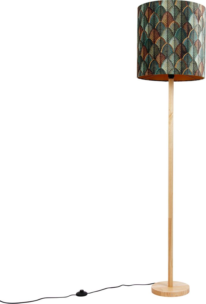 QAZQA - Klassisch I Antik HolzStehleuchte I Stehlampe I Standleuchte I Lampe I Leuchte mit Samtlampenschirm Blattdesign und Gold I Messingener Inne...