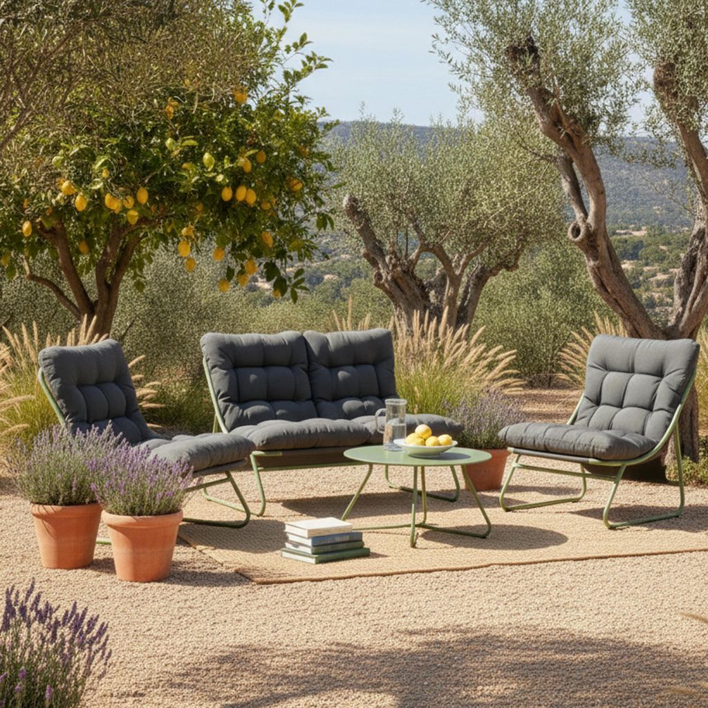 Niedrige 4-Sitzer-Gartenmöbel aus grünem Metall - Oviala Dumbea