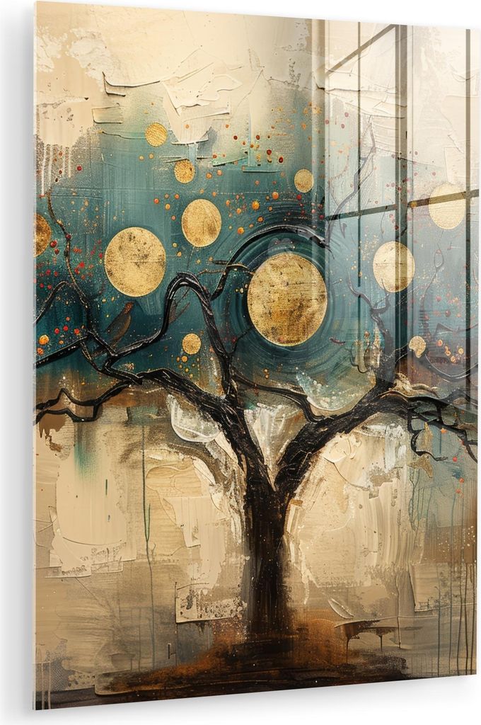 MuchoWow Glasbilder - Bilder auf Wandbild - Foto auf Glas Baum - Abstrakt - Braun - Gold - Industriell 60x80 cm Wanddekoration aus Glas - Acrylglas...