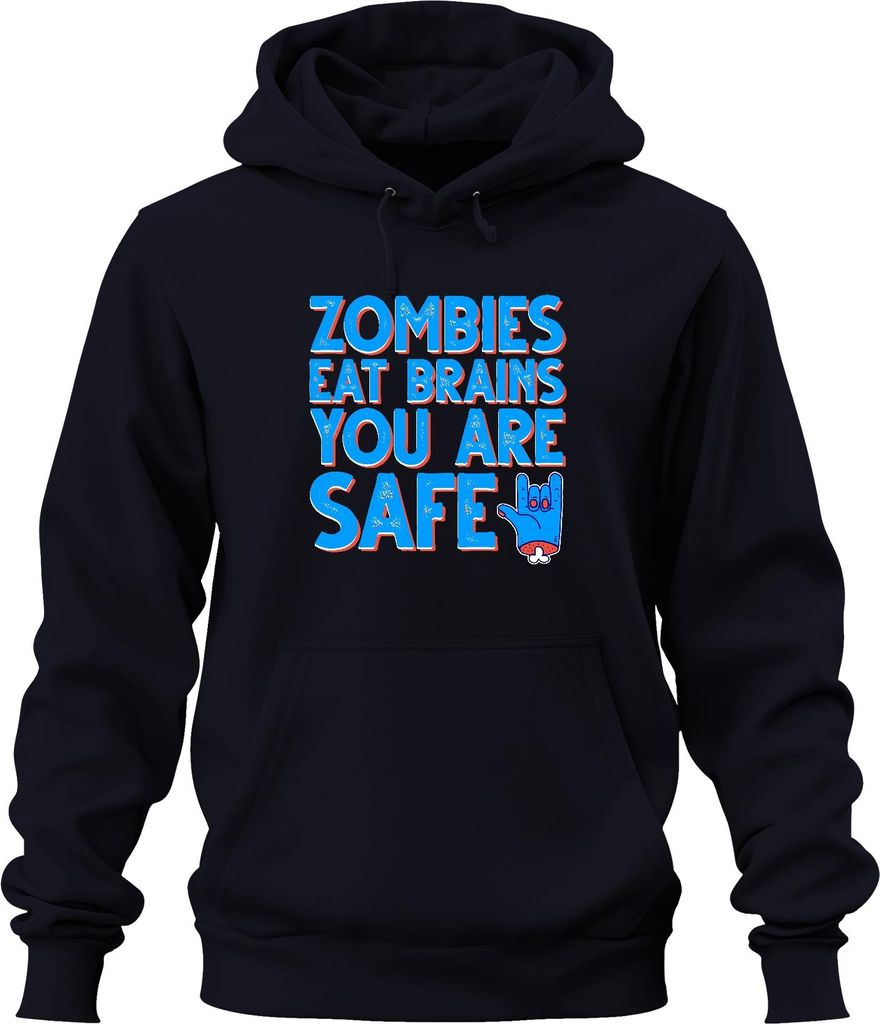 ZOMBIES EAT BRAINS YOU ARE SAFE Halloween Zombie Lustig Horror Uni Hoodie Kapuzenpullover, Navy, S
