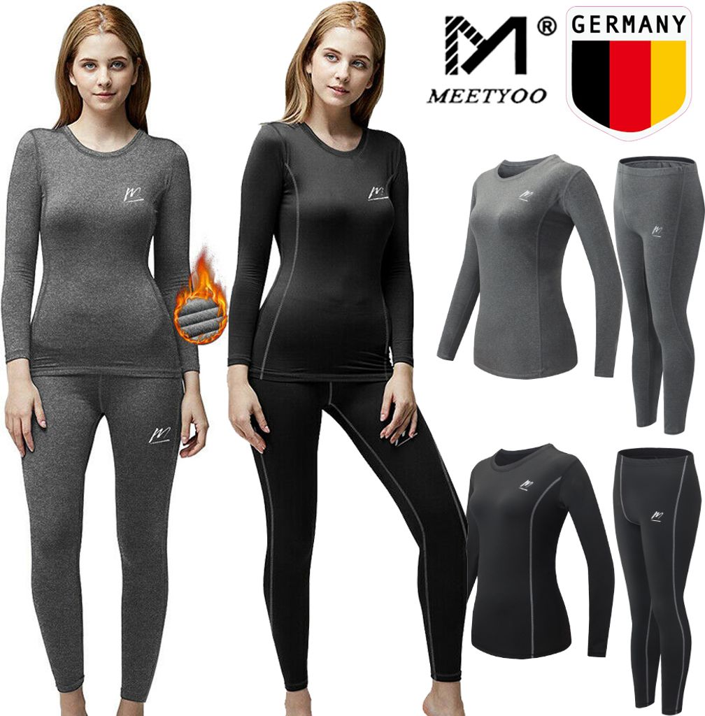 Damen Thermounterwäsche Set Fleece Skiunterwäsche Funktions Kompressionsanzug Unterhemd Unterhose Thermohemd Sportunterwäsche Schwarz L