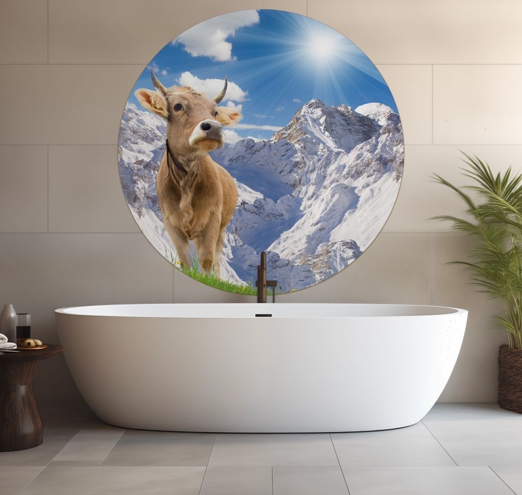 Wallario wasserfestes Poster selbstklebend 120 x 120 cm, Kuh im Sonnenschein in den Alpen, Badezimmerposter Spritzschutz mit Hochglanzoberfläche i...