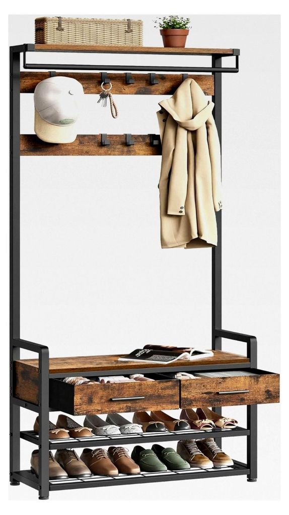 Garderobenständer mit Schuhbank, Garderobe, Schuhaufbewahrung, 2 Stoffschubladen, 10 Haken, 6 seitliche Haken, 30 x 80,4 x 181,6 cm, vintagebraun-...