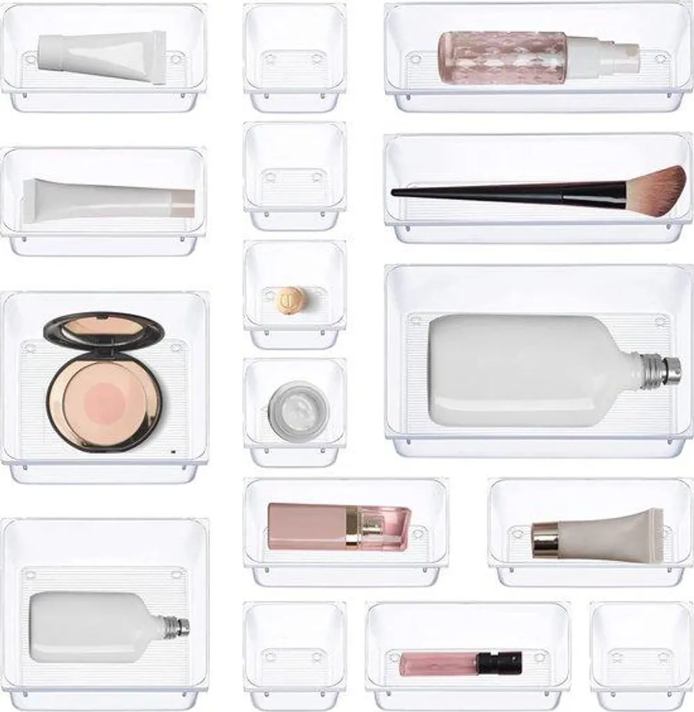 Organiseur maquillage et bureau transparent 16 boîtes multi-usages