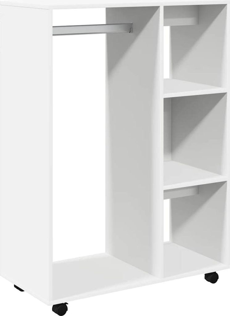 A white wardrobe unit with shelves and a hanging rail, shown from the front.