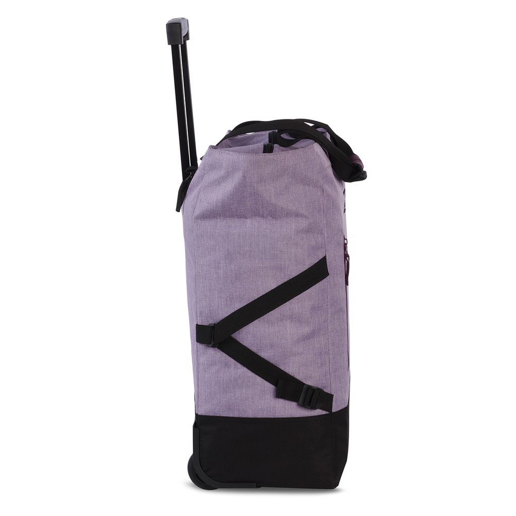 A side view of a rolling duffel bag.