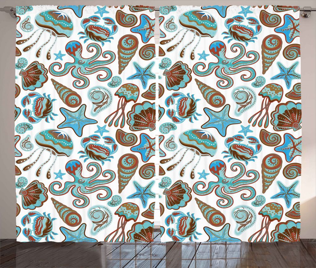 ABAKUHAUS Meduse Rustikaler Gardine, Krabben Octopus Sea Shells, Schlafzimmer Kräuselband Vorhang mit Schlaufen und Haken, 280 x 245 cm, Türkis B...