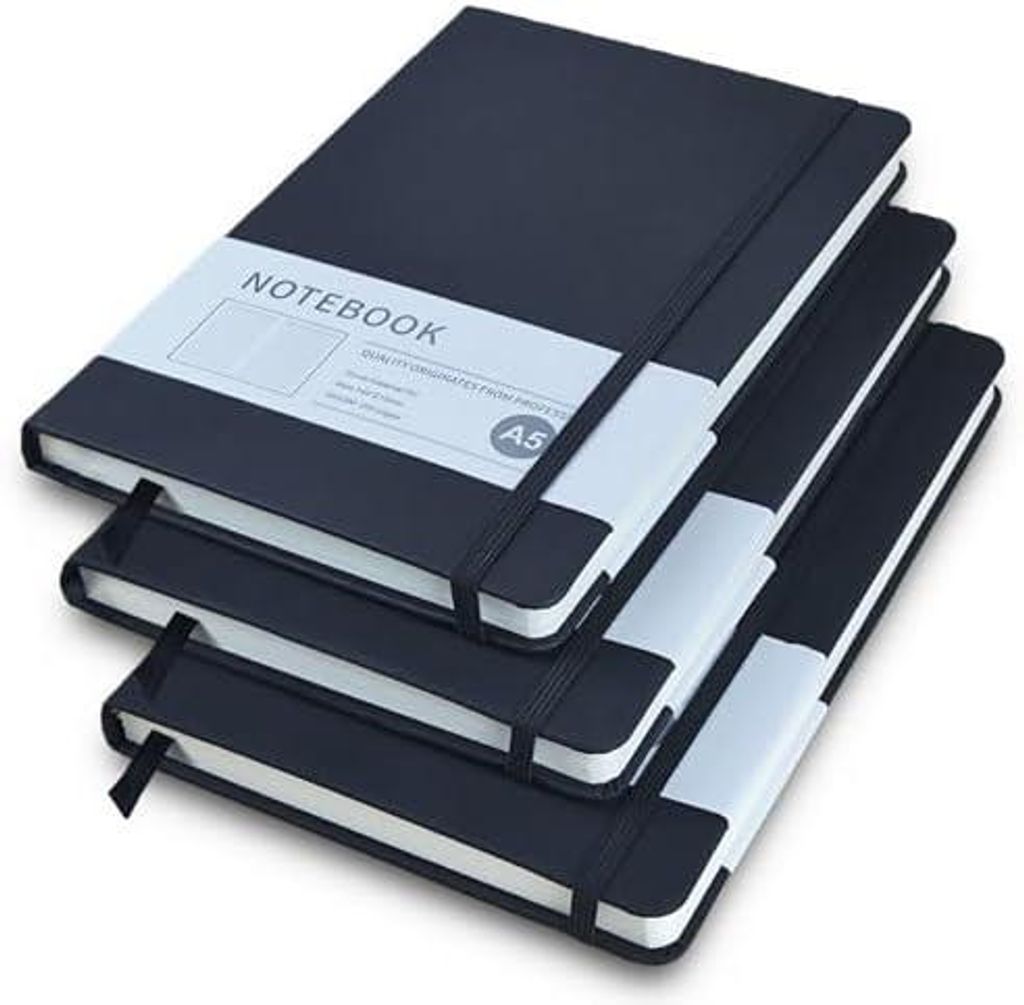 Notizbuch A5, 3 Stück Schwarz Hardcover Journal Notizbücher, Notizbuch Liniert a5 mit 200 Seiten, Kunstlederbezug Notizbuchs mit Elastischem Vers...